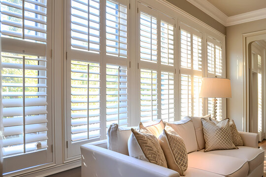 Living room windows fitted with white plantation shutters
