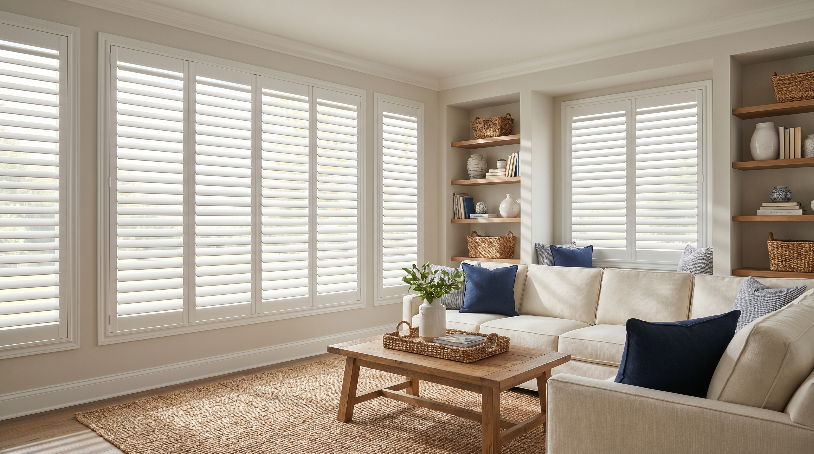 large family room with broad plantation shutters, hardwood floor, and warm sunlight for custom plantation shutters in Chesterfield, VA