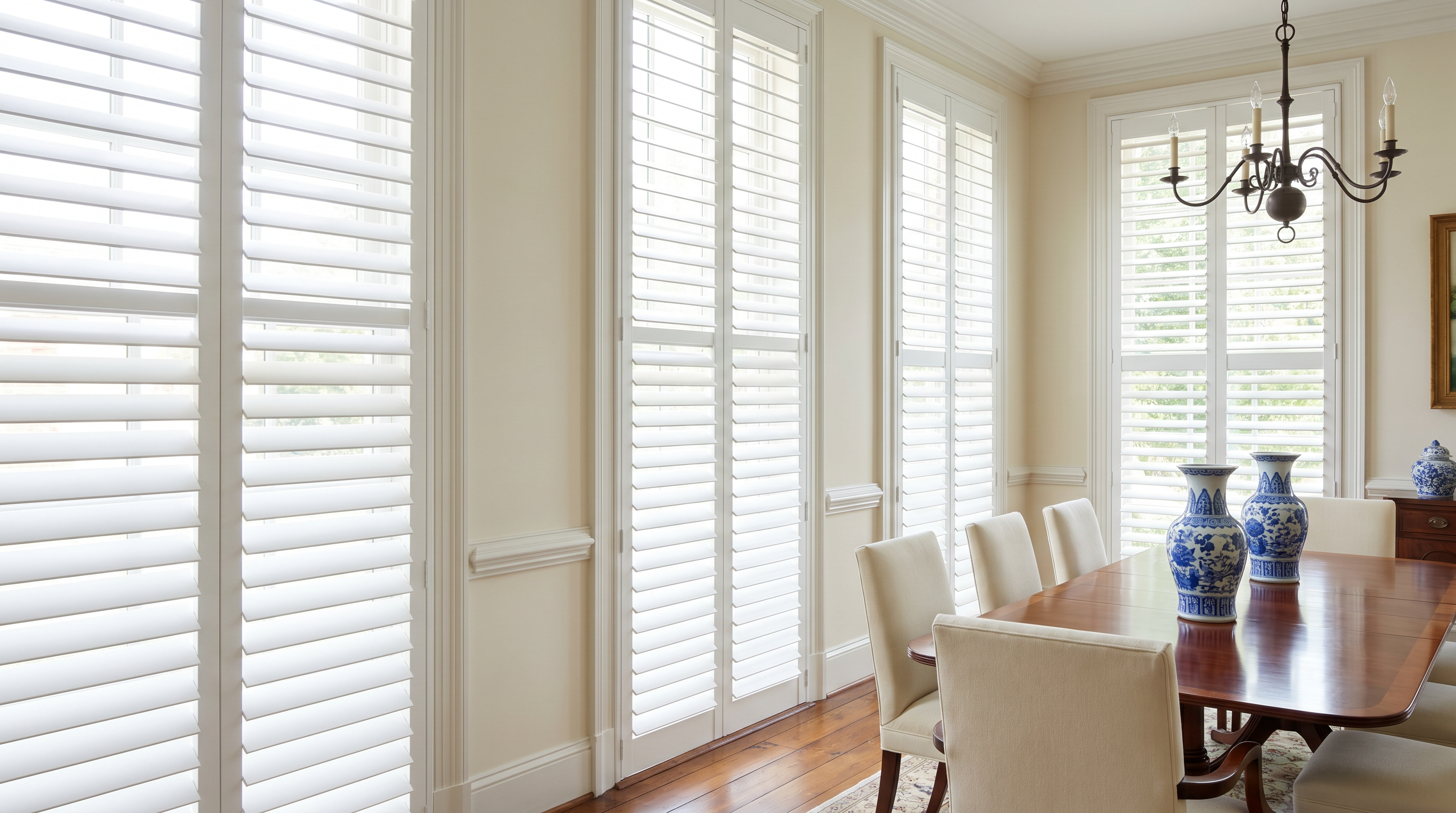 refined living room with fireplace, plantation shutters, and blue-gray daylight for custom plantation shutters in Henrico, VA
