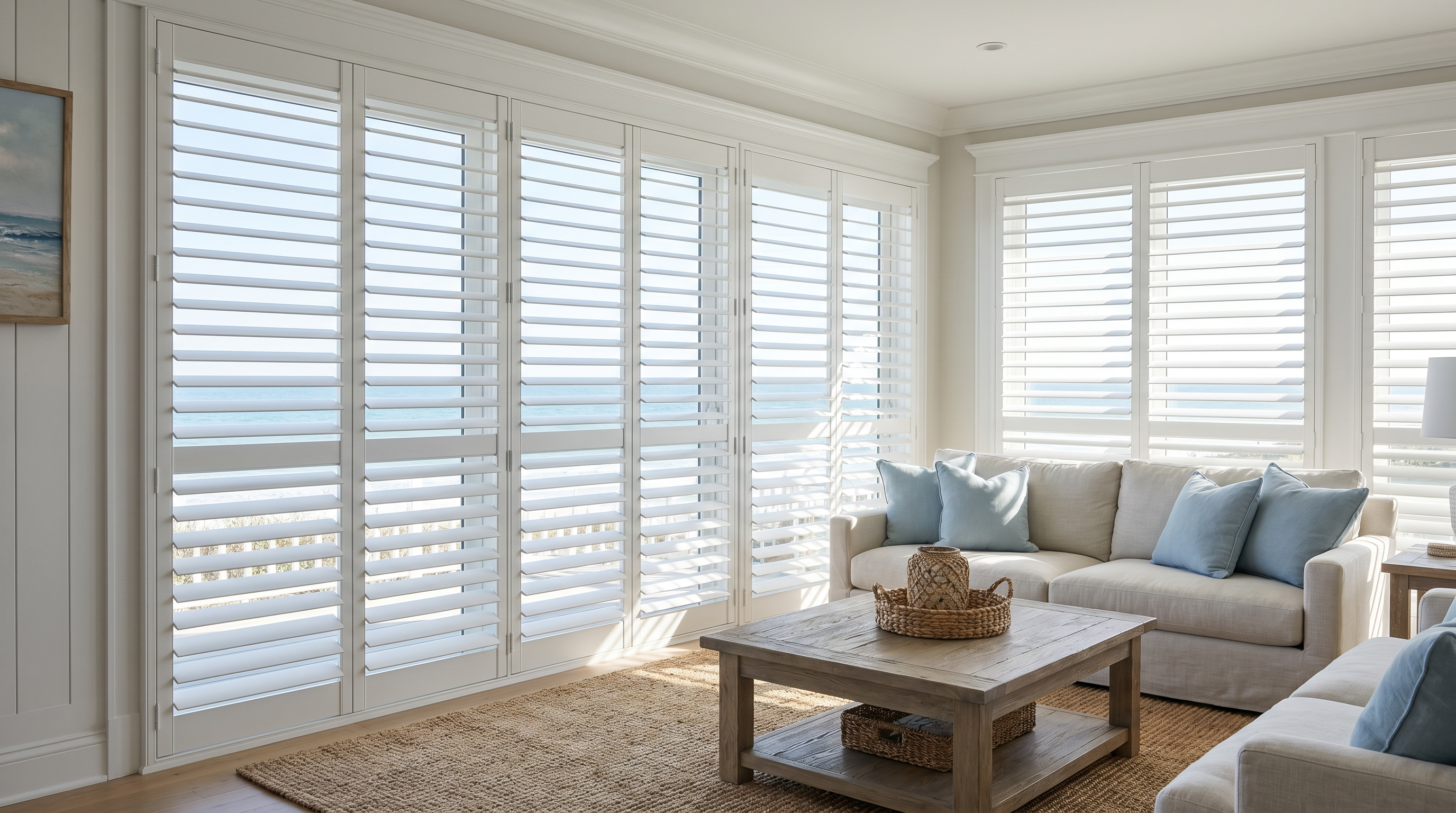 coastal living room with white plantation shutters, pale linen, and blue accents for custom plantation shutters in Virginia Beach, VA