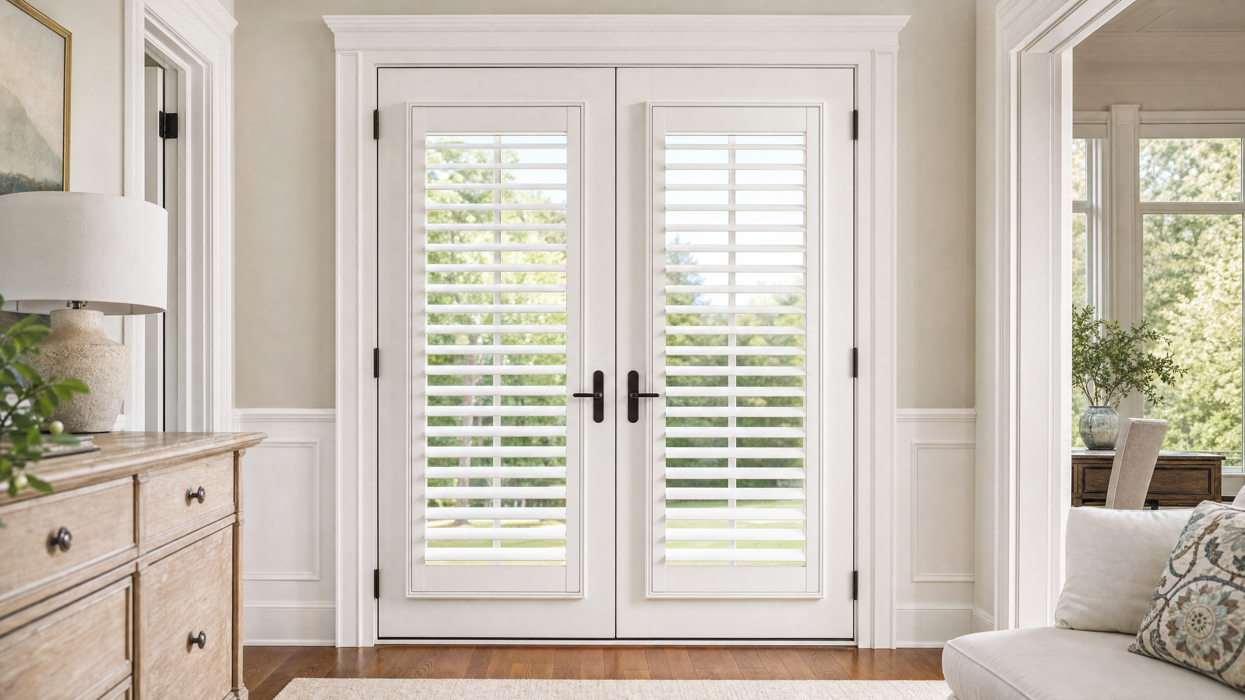 French doors fitted with custom plantation shutters