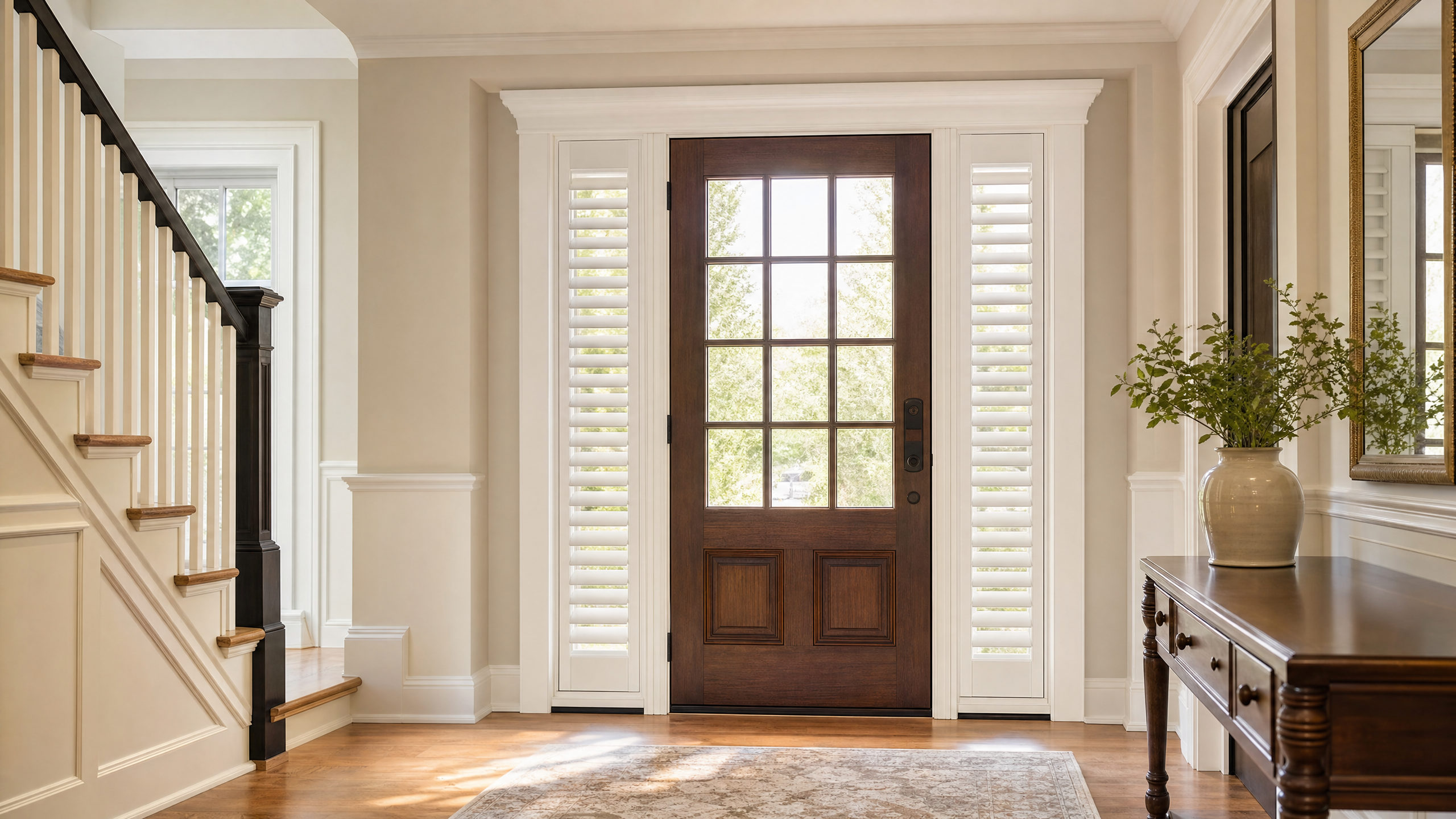Narrow entry sidelights fitted with custom plantation shutters