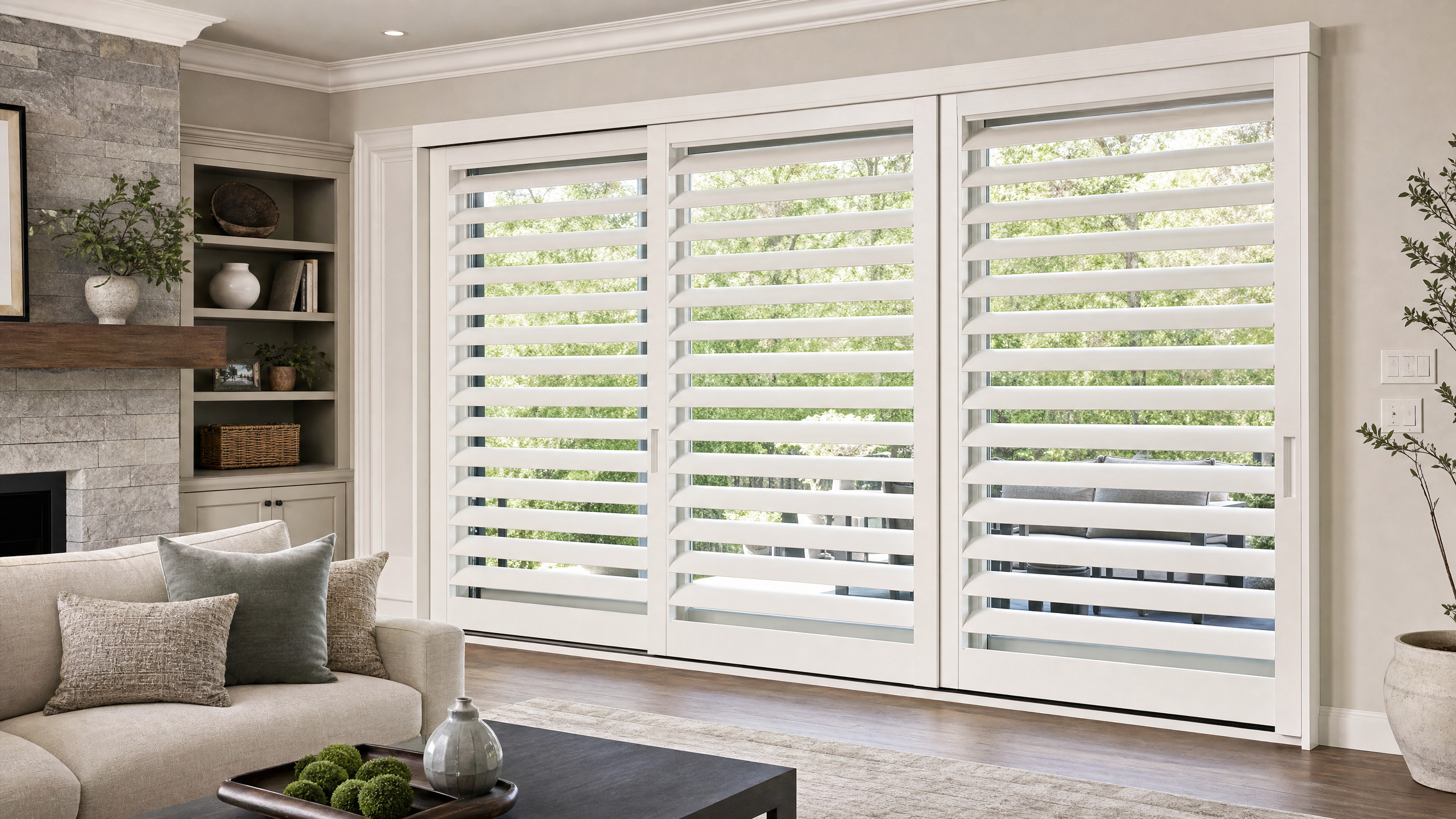 Sliding glass door fitted with bypass plantation shutters
